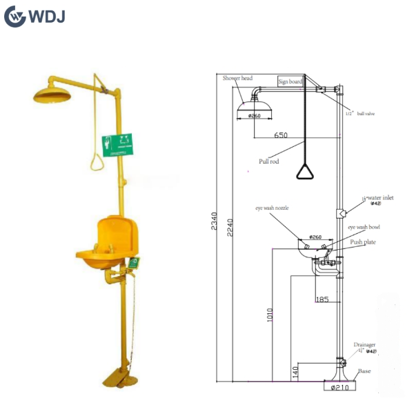 ABS Coating Combination Floor Mounted Safety Shower with Eye Wash and PVC Basin